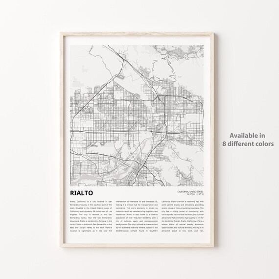 Rialto California City Map Minimalist Black And White Travel Poster