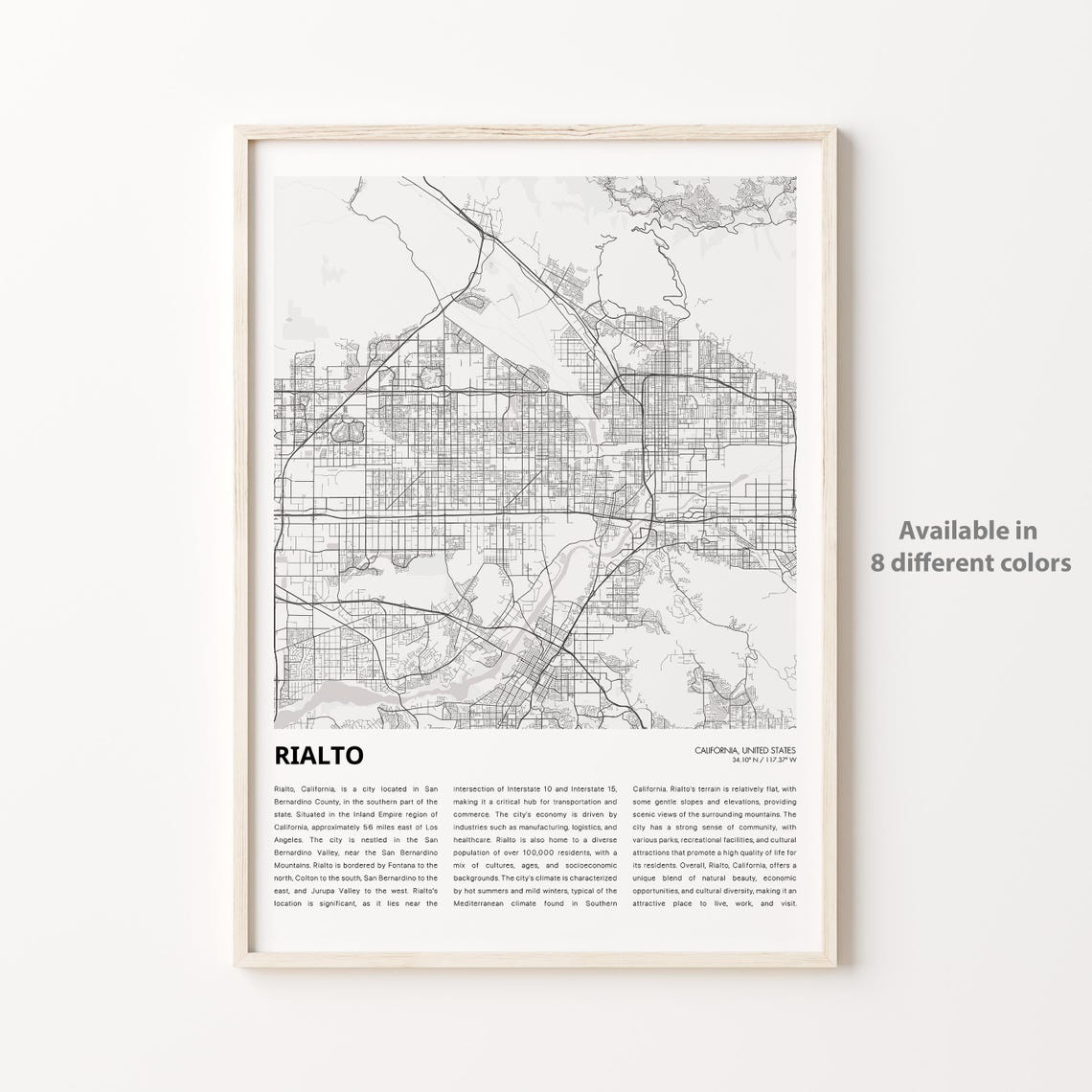 Rialto California City Map Minimalist Black And White Travel Poster