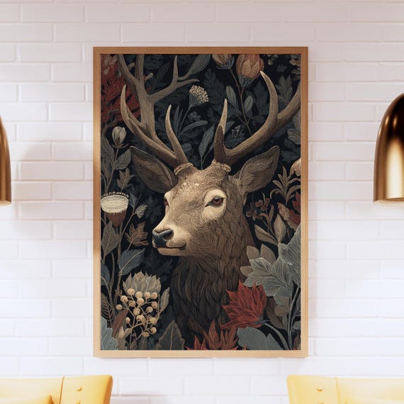 Stag Painting Winter Botanical Deer Art Gouache Forest Animal Print Rustic Holiday Decor
