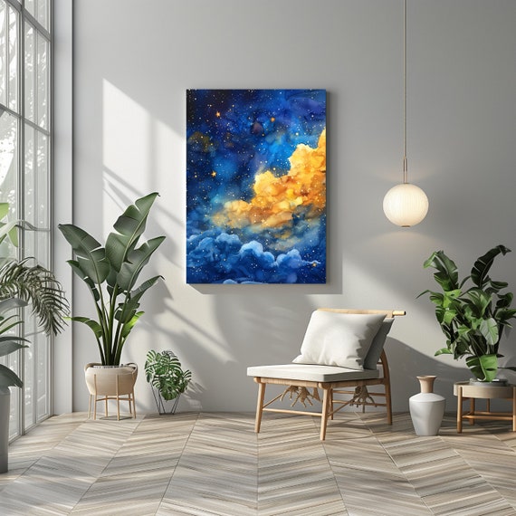 Blue And Yellow Clouds Wall Art Nursery Clouds Field Print Sky Clouds Oil Painting Landscape Cloud Art