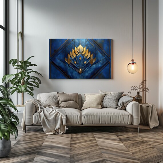 Art Deco 1920s Sleek Blue And Gold Print Bold Statement Vibrant Metallic Look Geometric Colorful Shapes Zig Zags Rustic Art