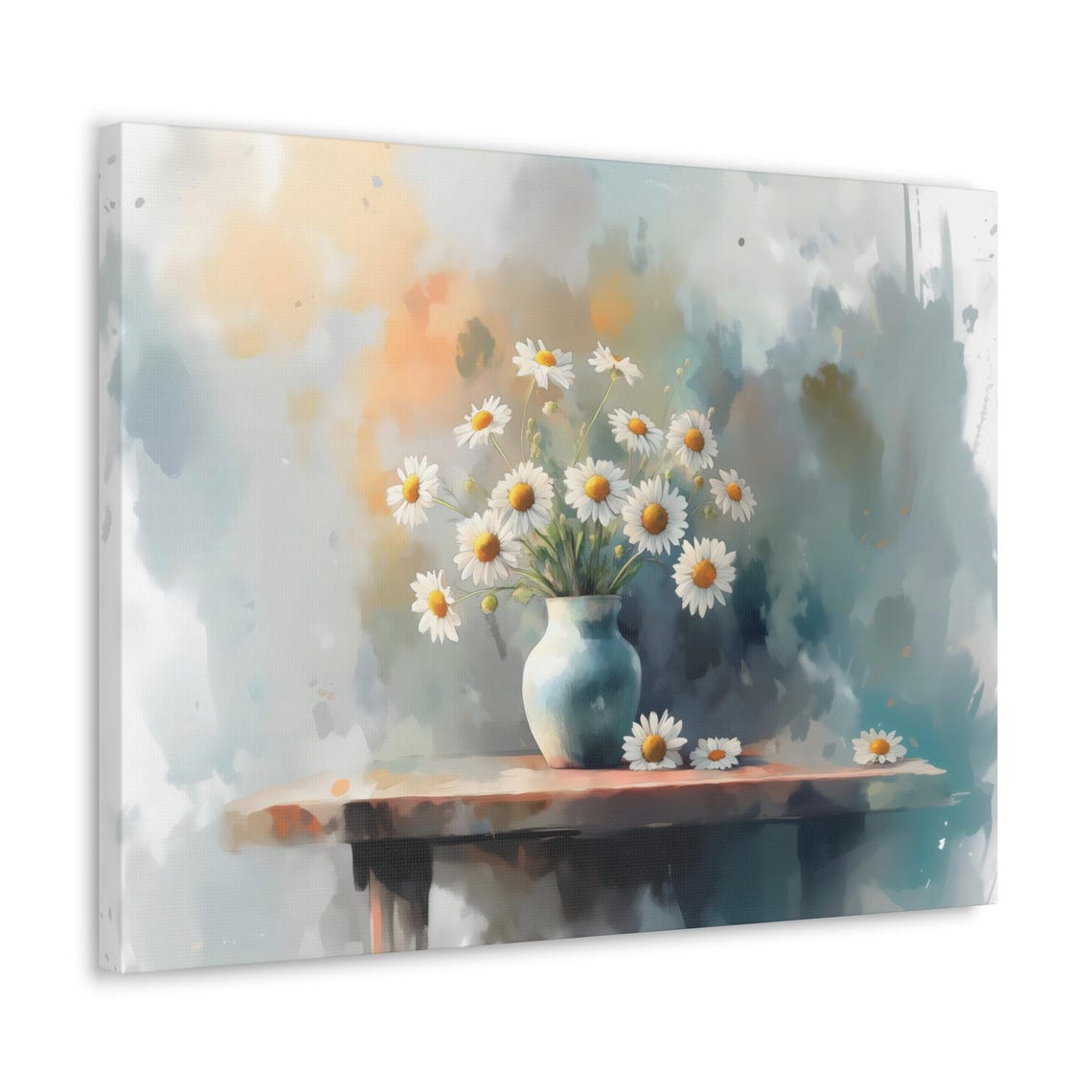 Cheerful White Daisies in Blue Vase Soft Watercolor Floral Poster - Image 3