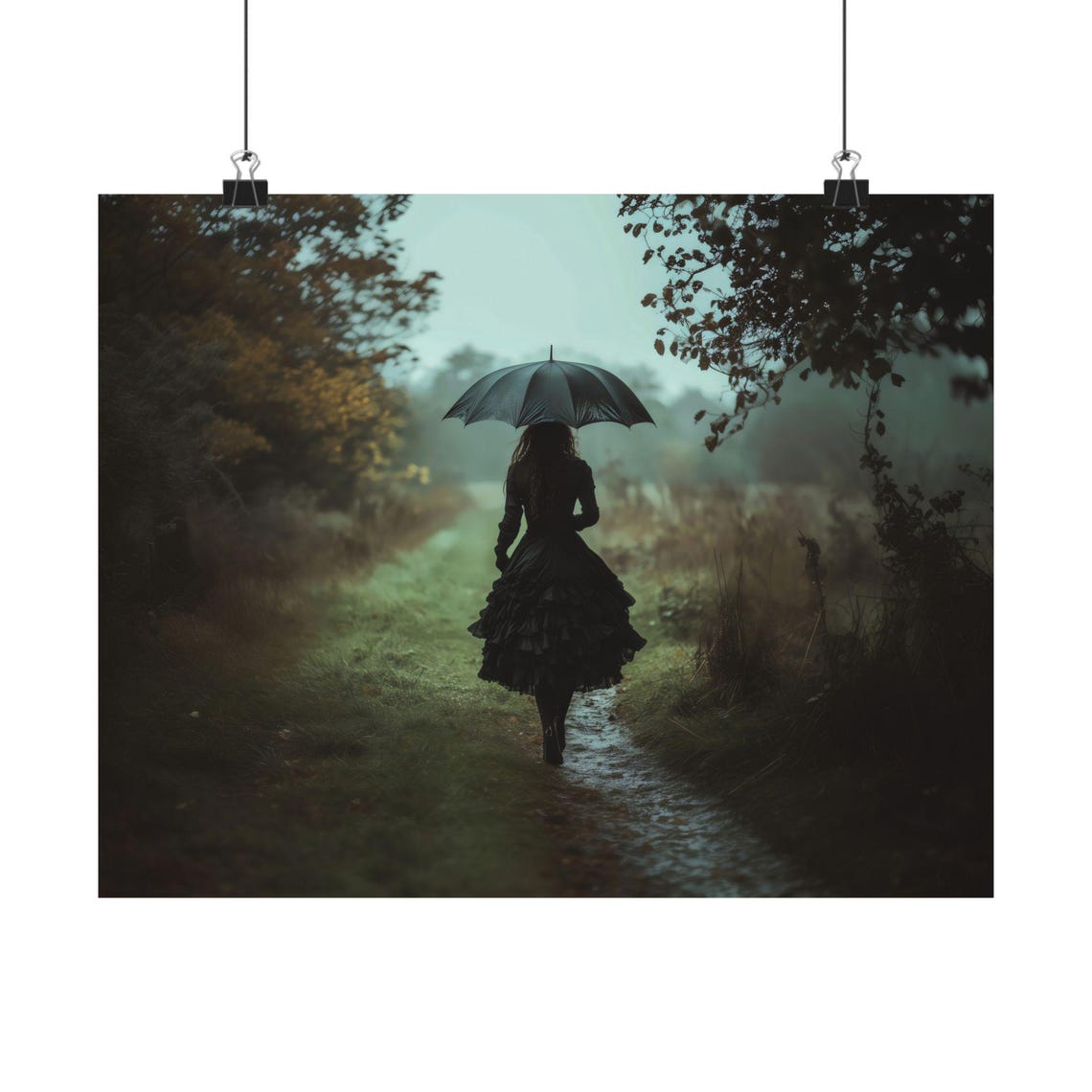 Elegant Gothic Woman with Umbrella on Misty Country Path Poster