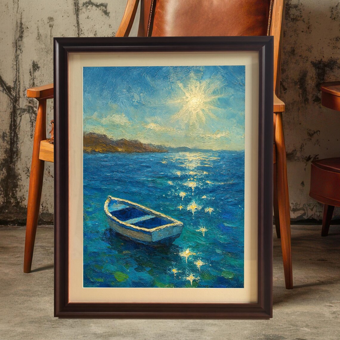 Golden Sunset Rowboat Painting, Ocean Coastal Decor Art Print
