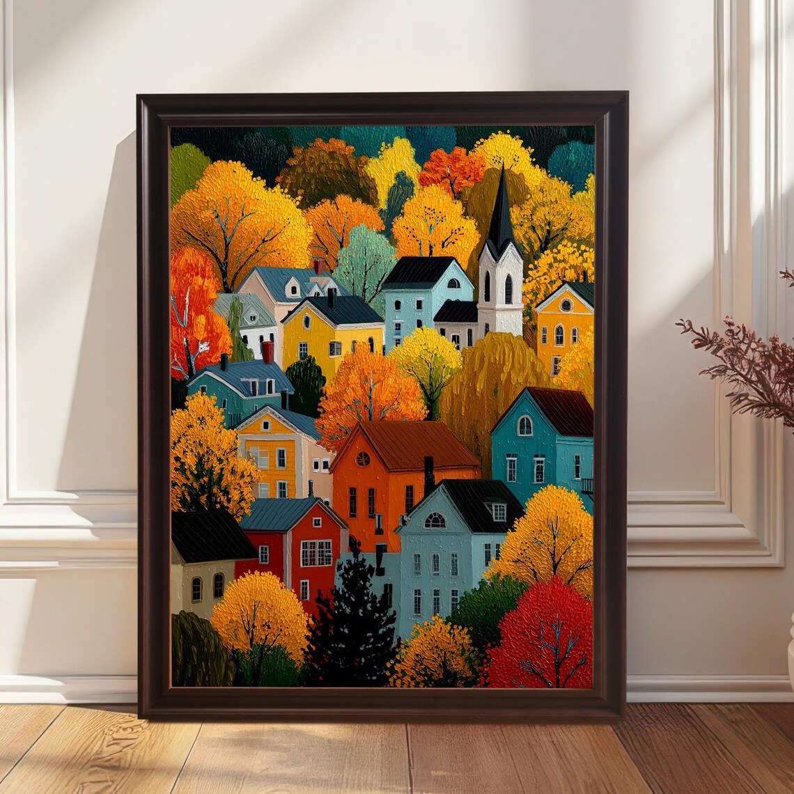 Autumn Foliage Village Scenery, Art Print