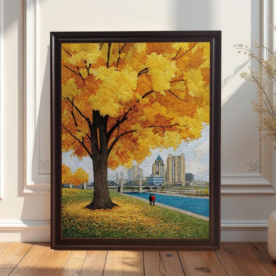 Fall Tree River Cityscape Art Print Wood Frame Wall Hanging Decor