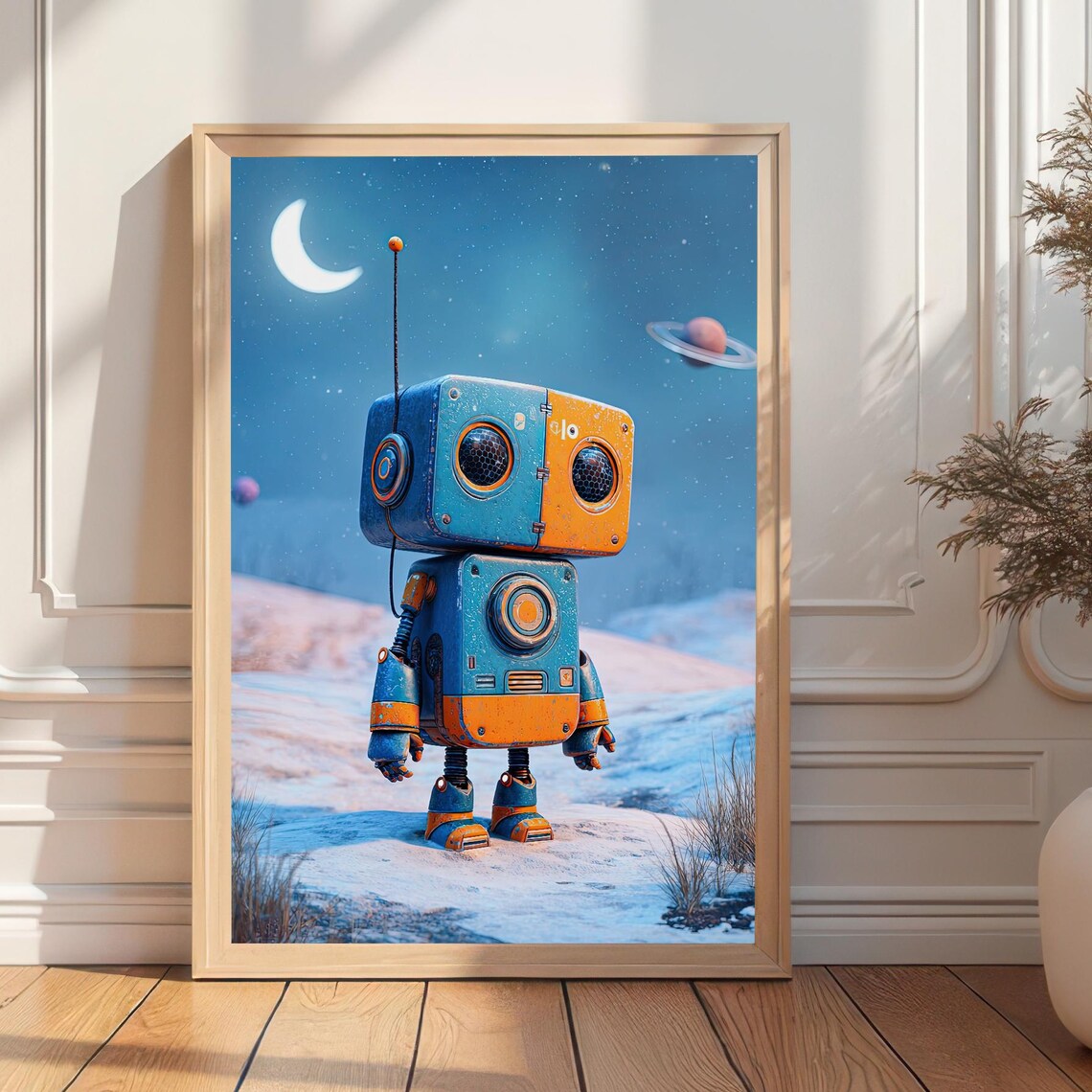 Adorable Robot Wall Art Moonlit Winter Wonderland Print Scifi Kids Room Unique Nursery Decor