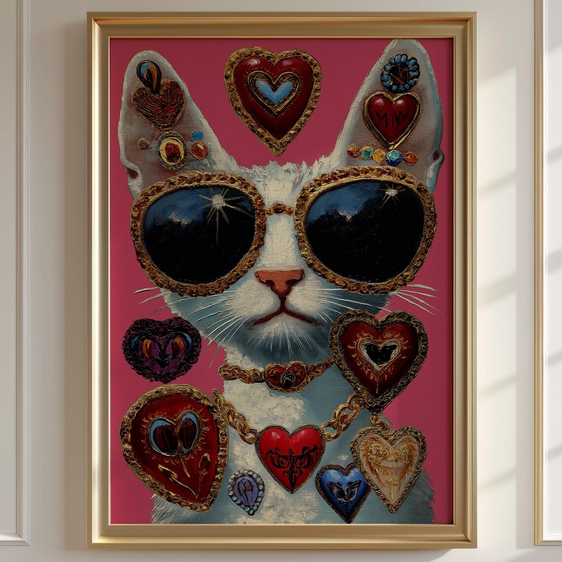 White Cat In Jeweled Sunglasses Heart Charms Maximalist Pop Art Poster