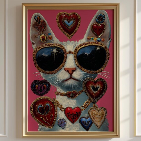 White Cat In Jeweled Sunglasses Heart Charms Maximalist Pop Art Poster