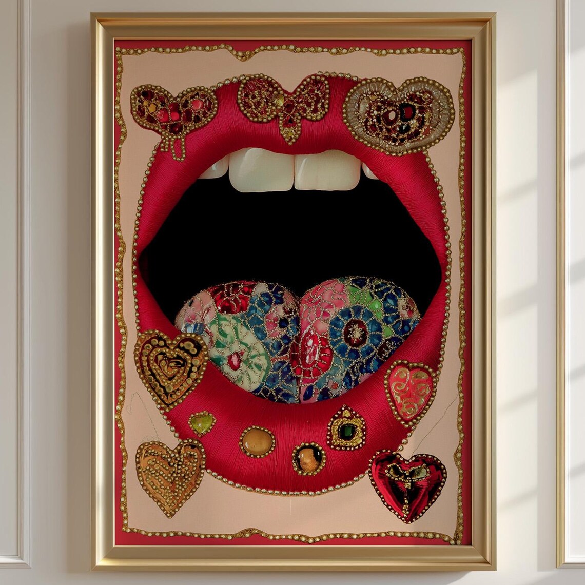 Surreal Red Lips Jeweled Hearts Embroidered Heart Tongue Poster