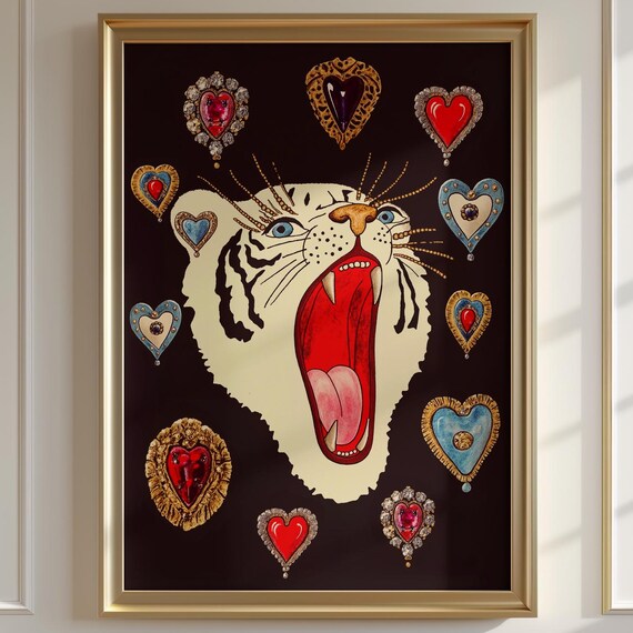 Surreal Tiger Print Maximalist Jewel Heart Glam Art