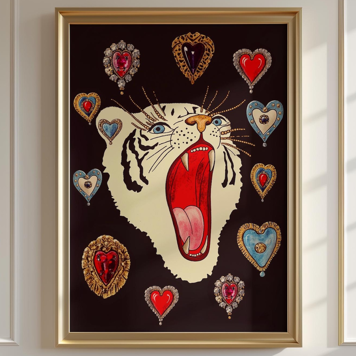 Roaring White Tiger With Jeweled Hearts Maximalist Dark Art Poster