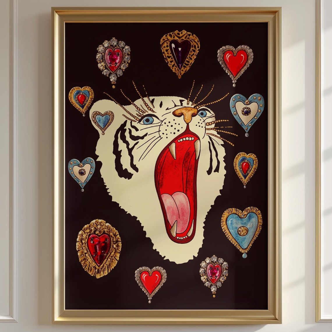 Surreal Tiger Print Maximalist Jewel Heart Glam Art