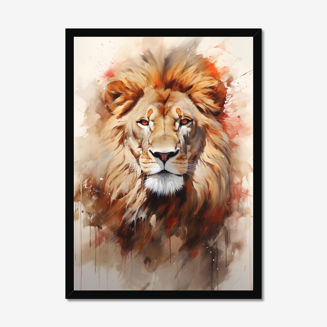 Majestic Lion Portrait in Warm Watercolor Splash Wildlife Art Poster