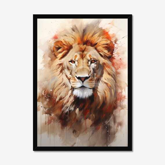 Majestic Lion Portrait in Warm Watercolor Splash Wildlife Art Poster