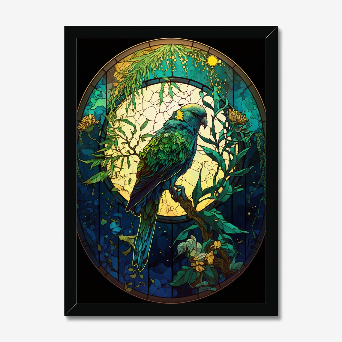 Green Parrot on Branch in Moonlit Stained Glass Art Style Poster