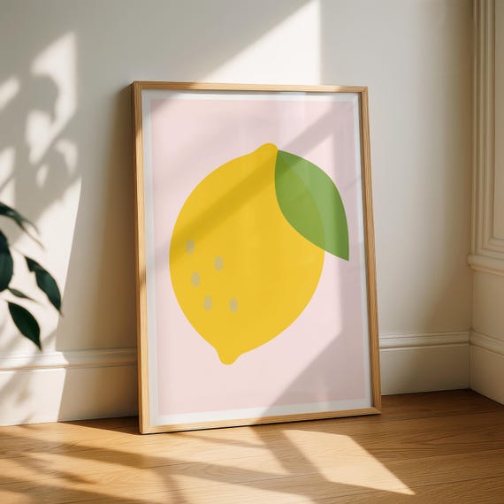 Lemon Wall Art Print Pastel Kitchen Decor Pink Poster Minimalist Modern Citrus Summer