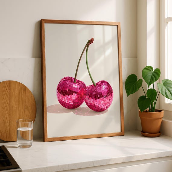 Disco Ball Cherry Print, Retro Groovy Poster