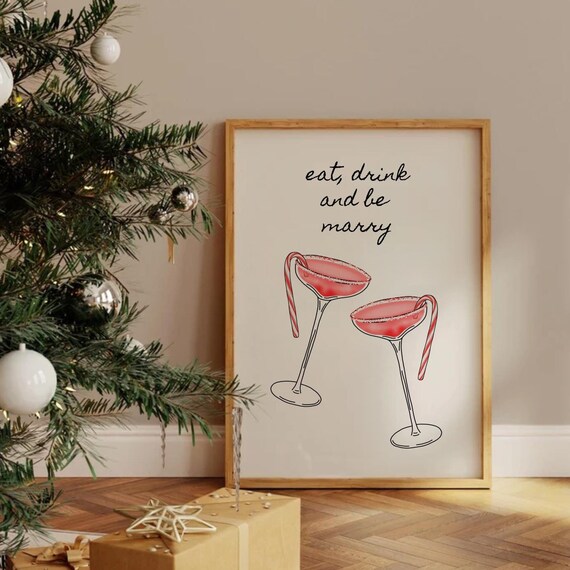Eat Drink And Be Marry Pink Cocktail Candy Cane Christmas Poster