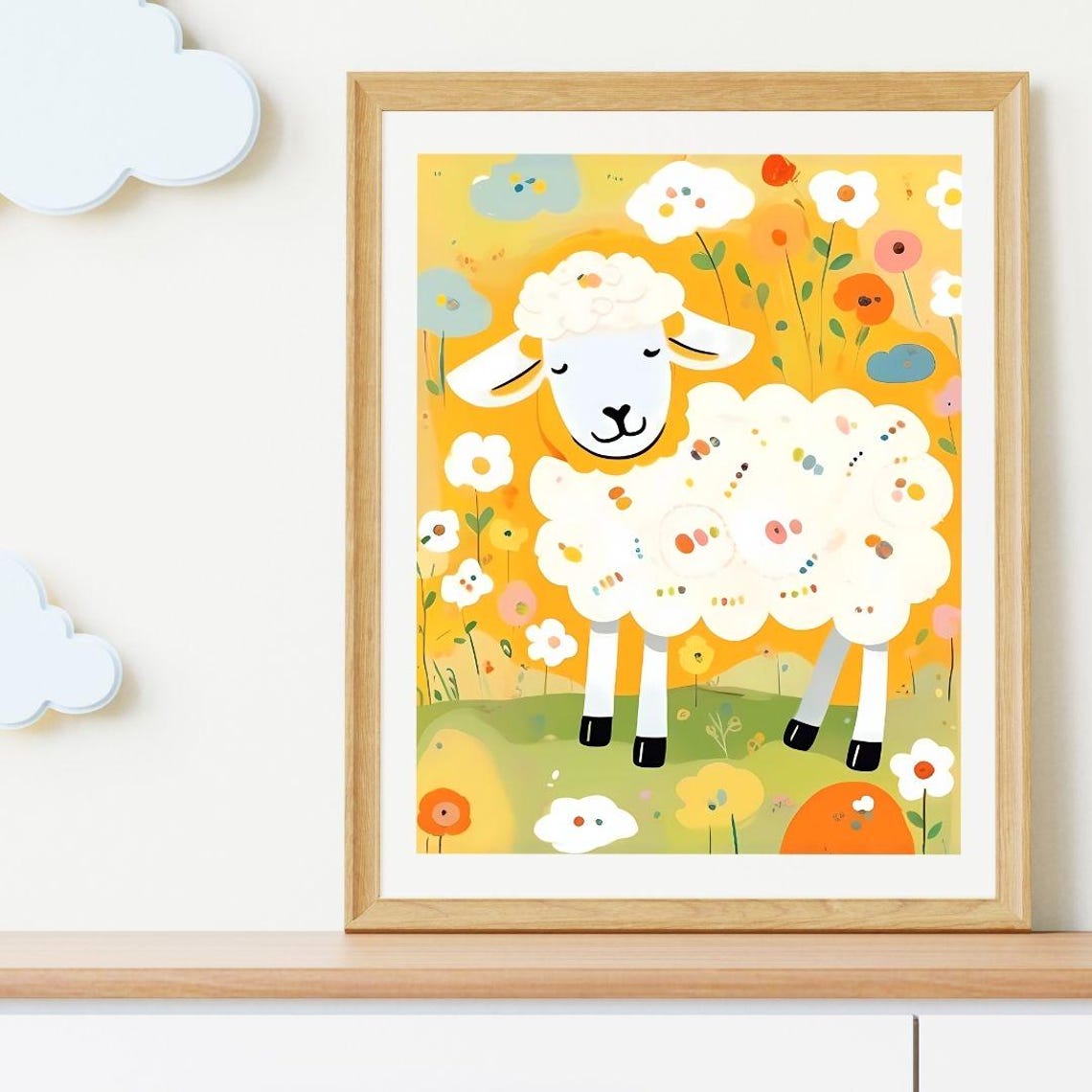 Cute Fluffy Sheep Flower Field Kids Nursery Farm Animal Wall Art Print - Image 2