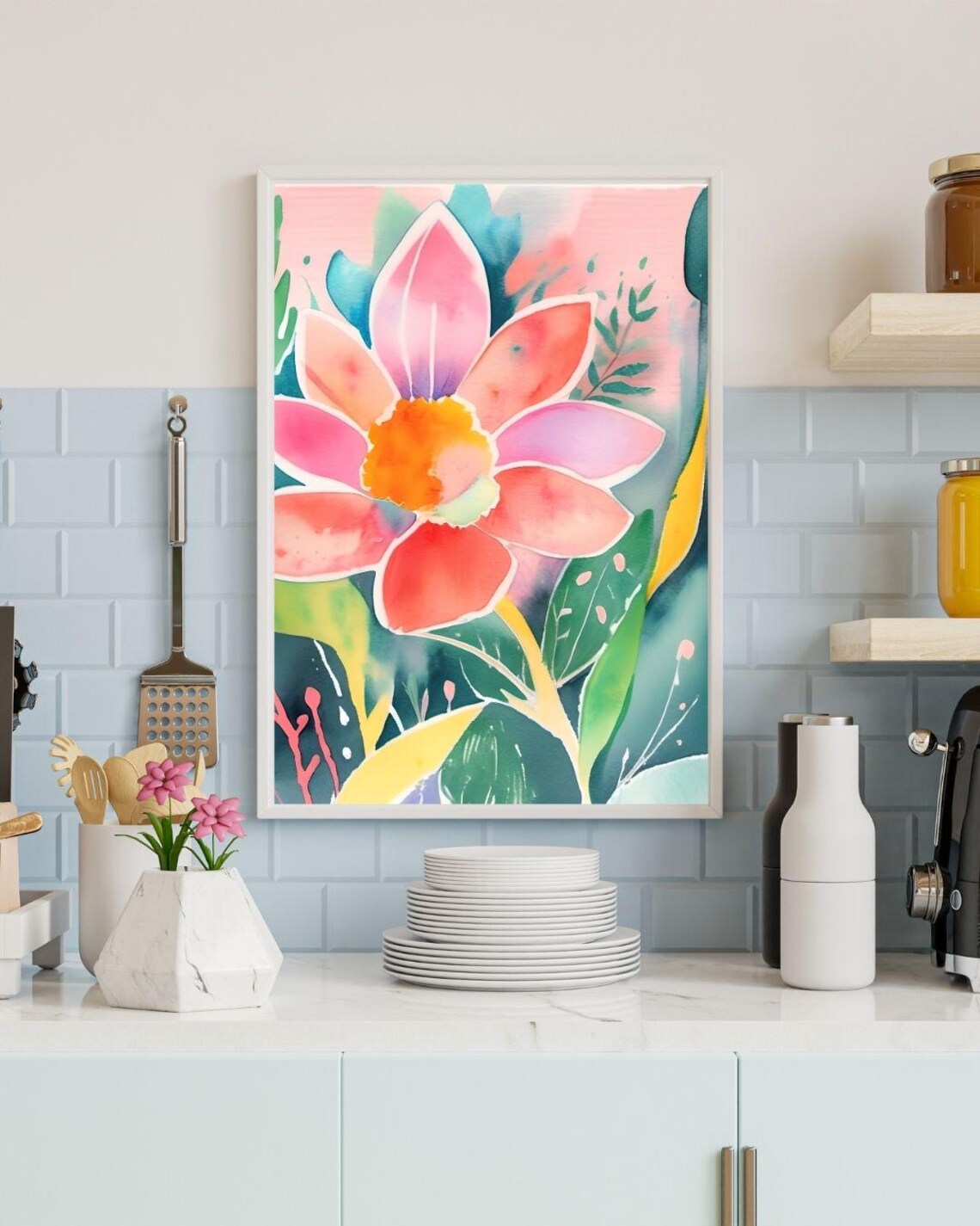 Pink Daylily Bloom Watercolor Coral Petals Botanical Floral Wall Art - Image 5