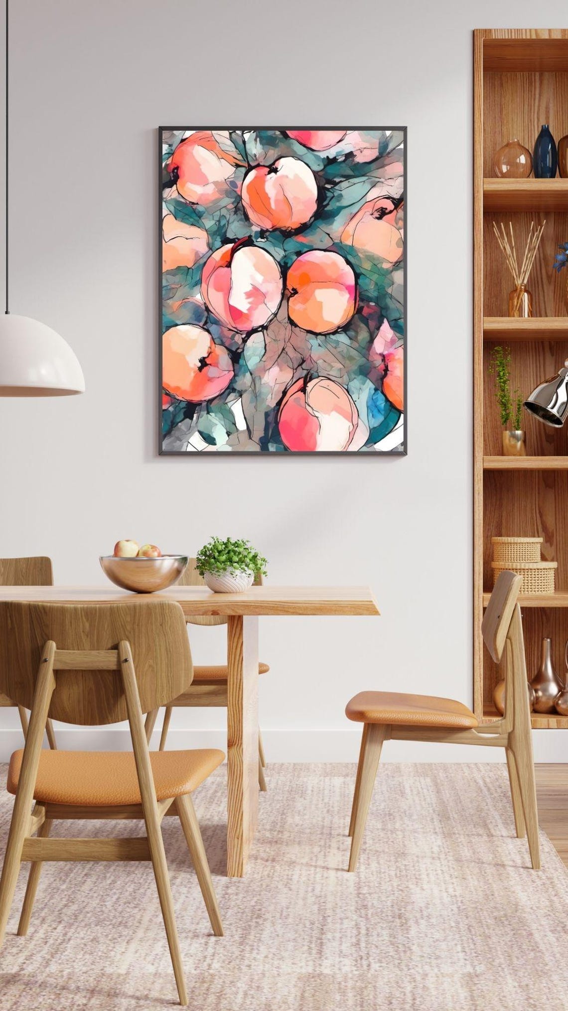 Peach Watercolor Fruit Illustration Teal Leaves Kitchen Art Print - Image 3