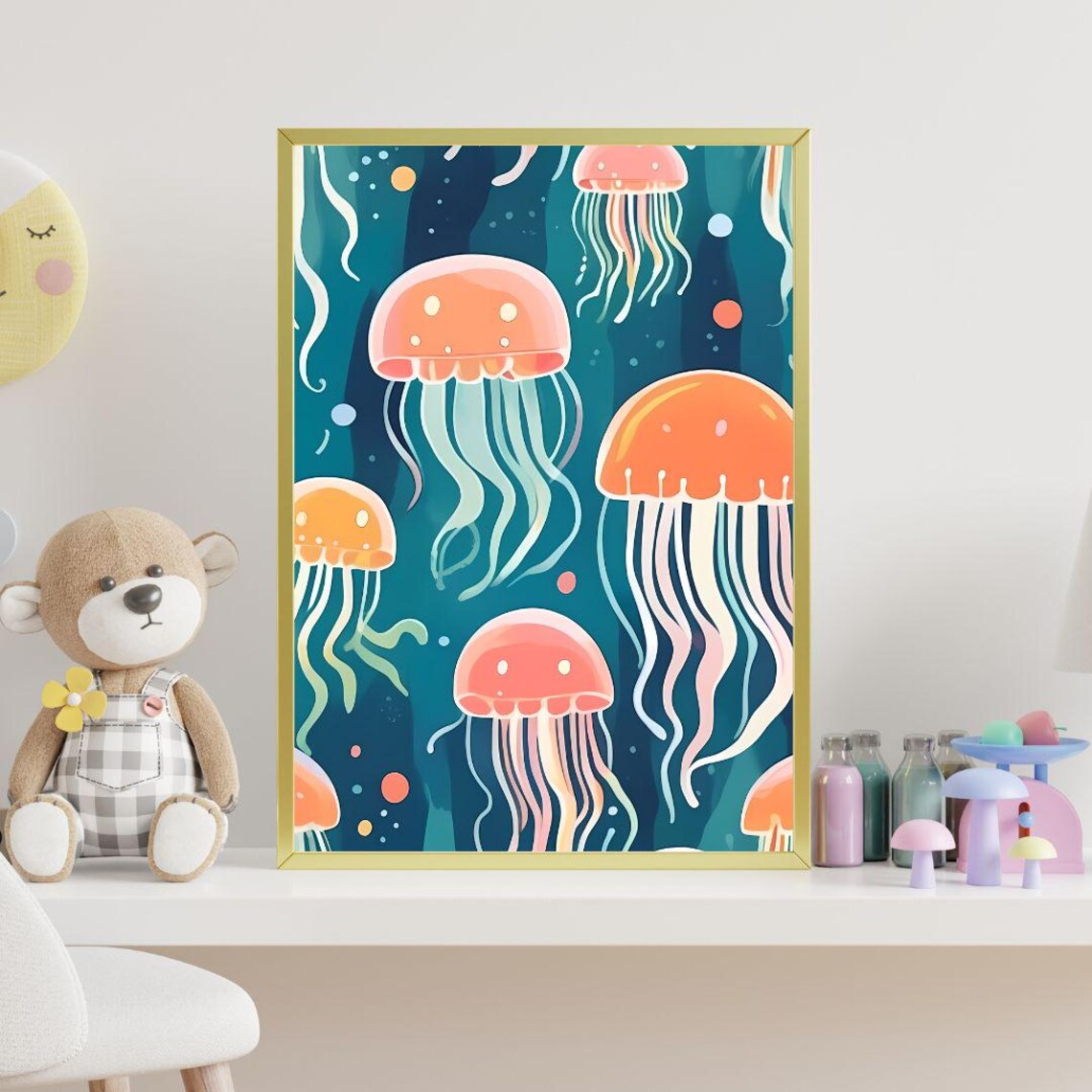Cute Jellyfish Ocean Kids Room Nautical Underwater Sea Wall Art Print - Image 4
