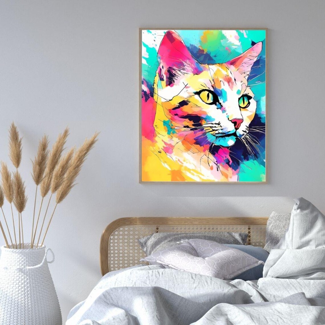 Colorful Pop Art Cat Portrait Teal Pink Yellow Modern Animal Wall Art - Image 4
