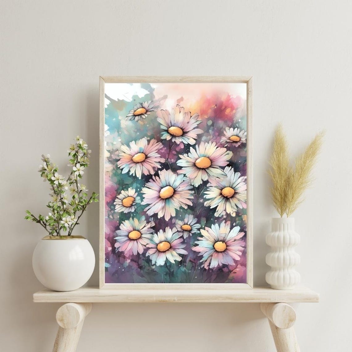 Pastel Daisy Field Watercolor Blooms Maximalist Floral Wall Art