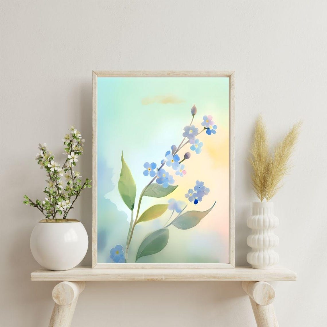 Forget Me Not Blue Flowers Watercolor Delicate Spring Floral Wall Art