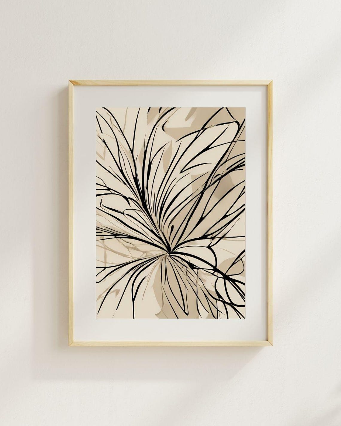 Black Line Palm Frond Abstract Beige Minimalist Modern Art Print