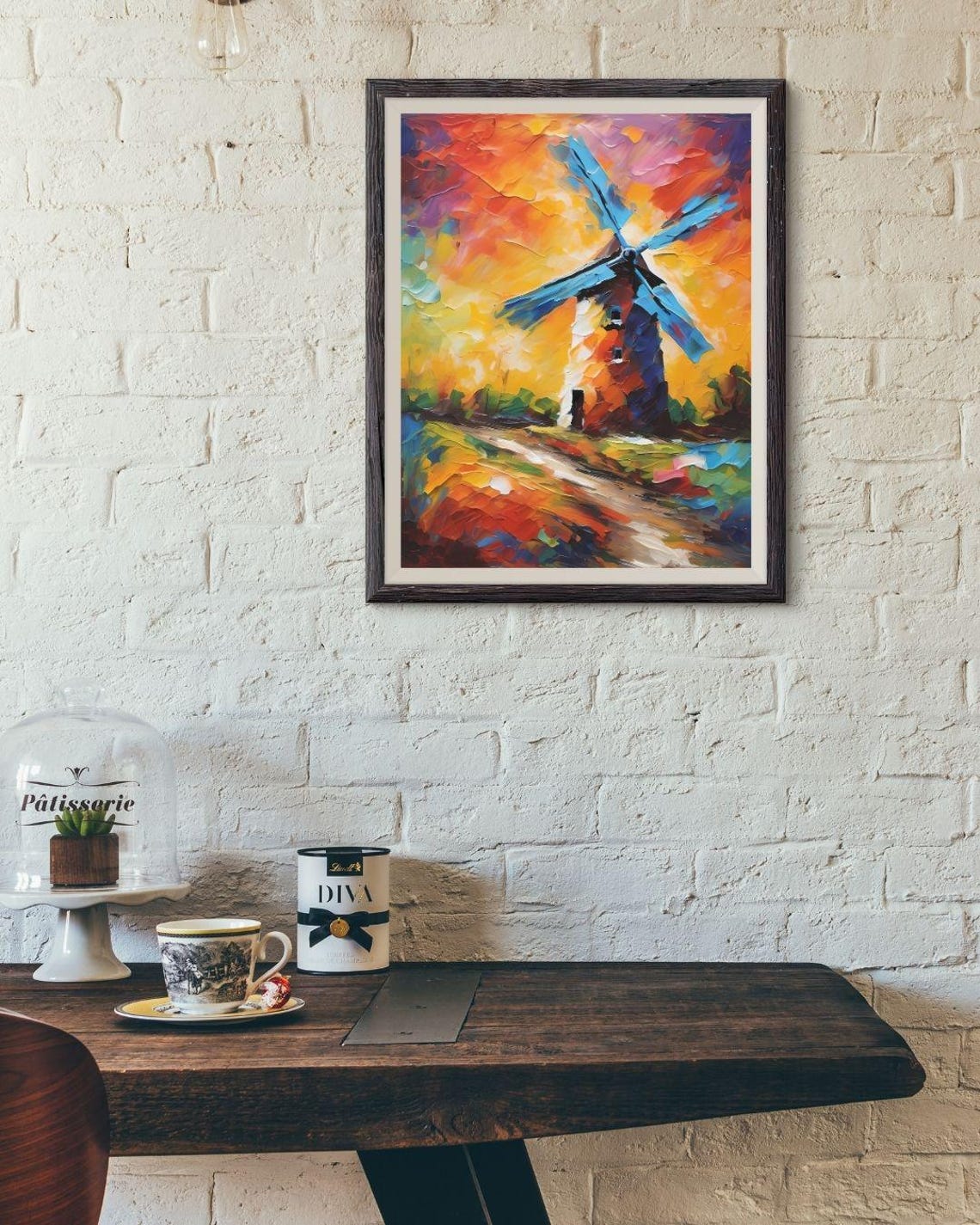 Windmill Sunset Colorful Impasto Countryside Landscape Art Wall Print - Image 2