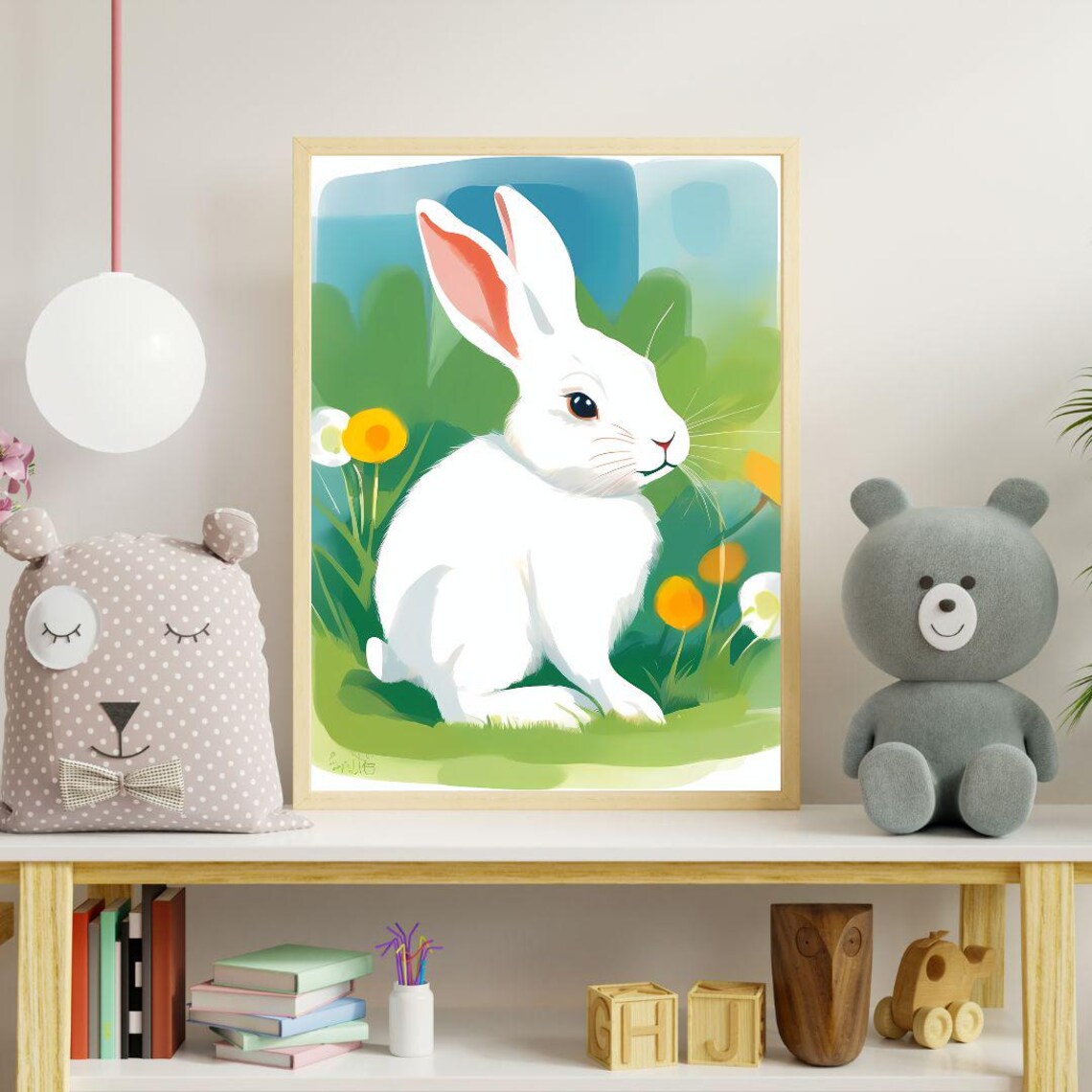 Cute White Bunny Rabbit Garden Flowers Kids Nursery Wall Art Print - Image 2