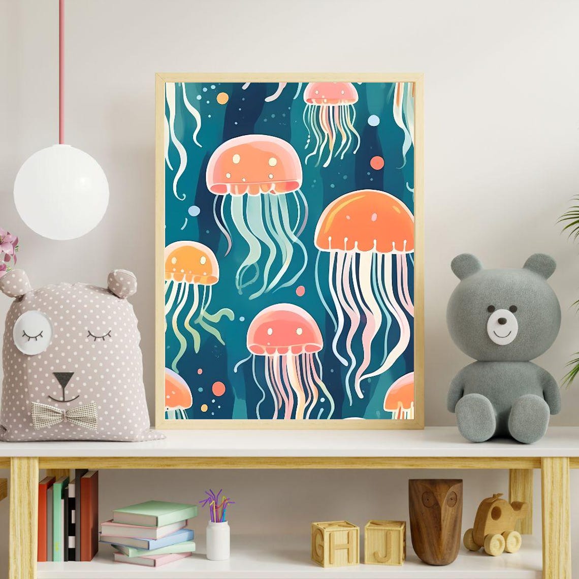Cute Jellyfish Ocean Kids Room Nautical Underwater Sea Wall Art Print - Image 2