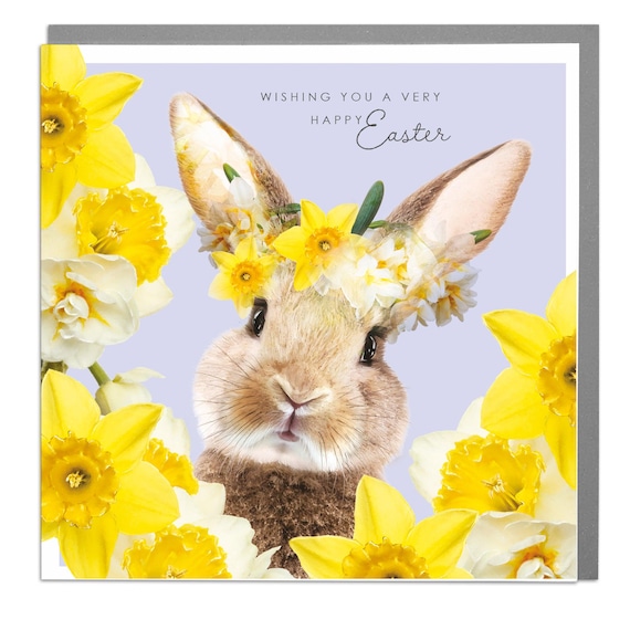 Bunny Wearing Daffodil Flower Crown Very Happy Easter Greeting Card Wall Art