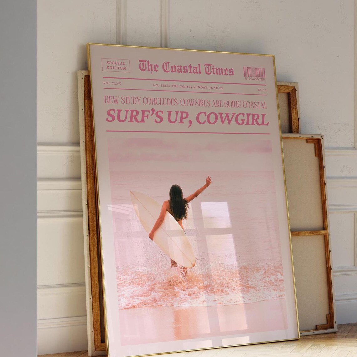 The Coastal Times Surf's Up Cowgirl Pink Summer Newspaper Wall Art - Image 4