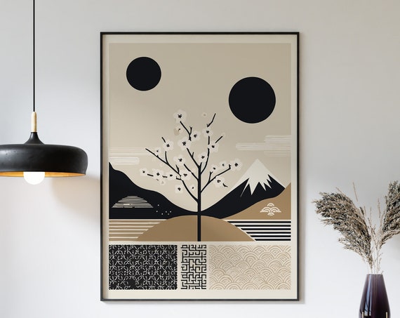 Cherry Blossom Tree With White Blossoms Poster For Japandi Wall Art Japanese Style Framed Print With Mountains And Moons In Neutral Colours