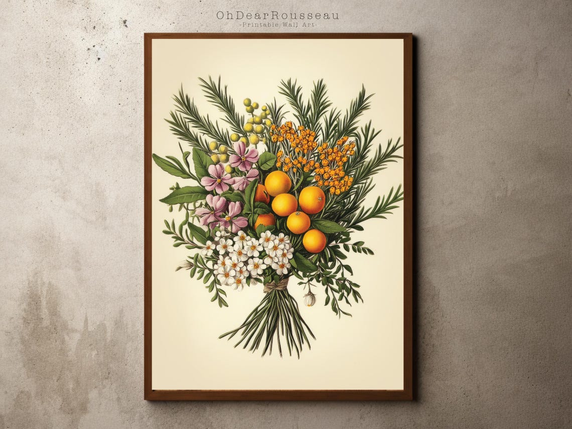 Vintage Botanical Bouquet With Oranges Citrus Flower Antique Wall Art