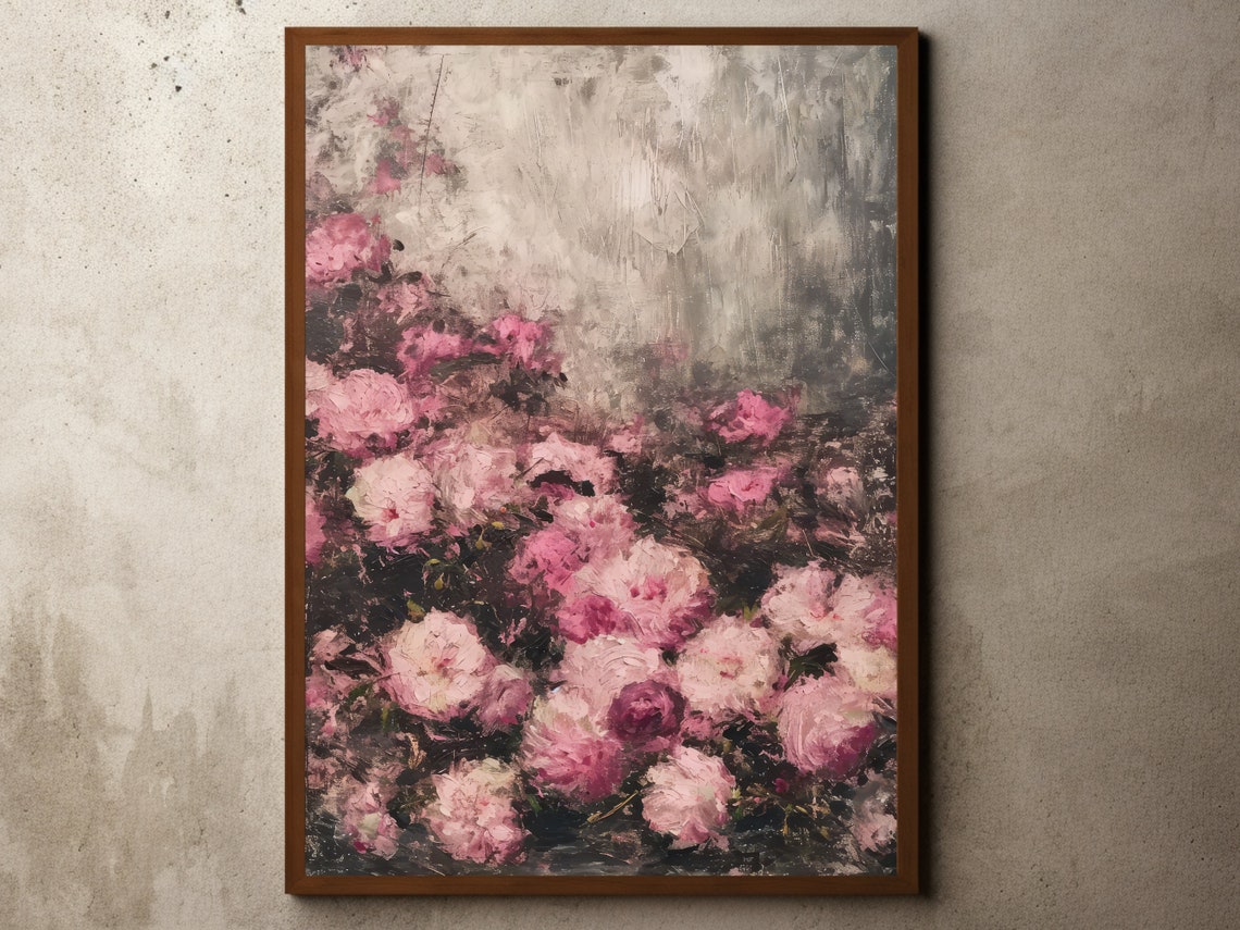 Pink Peony Blossoms Impressionist Floral Poster with Dark Backdrop