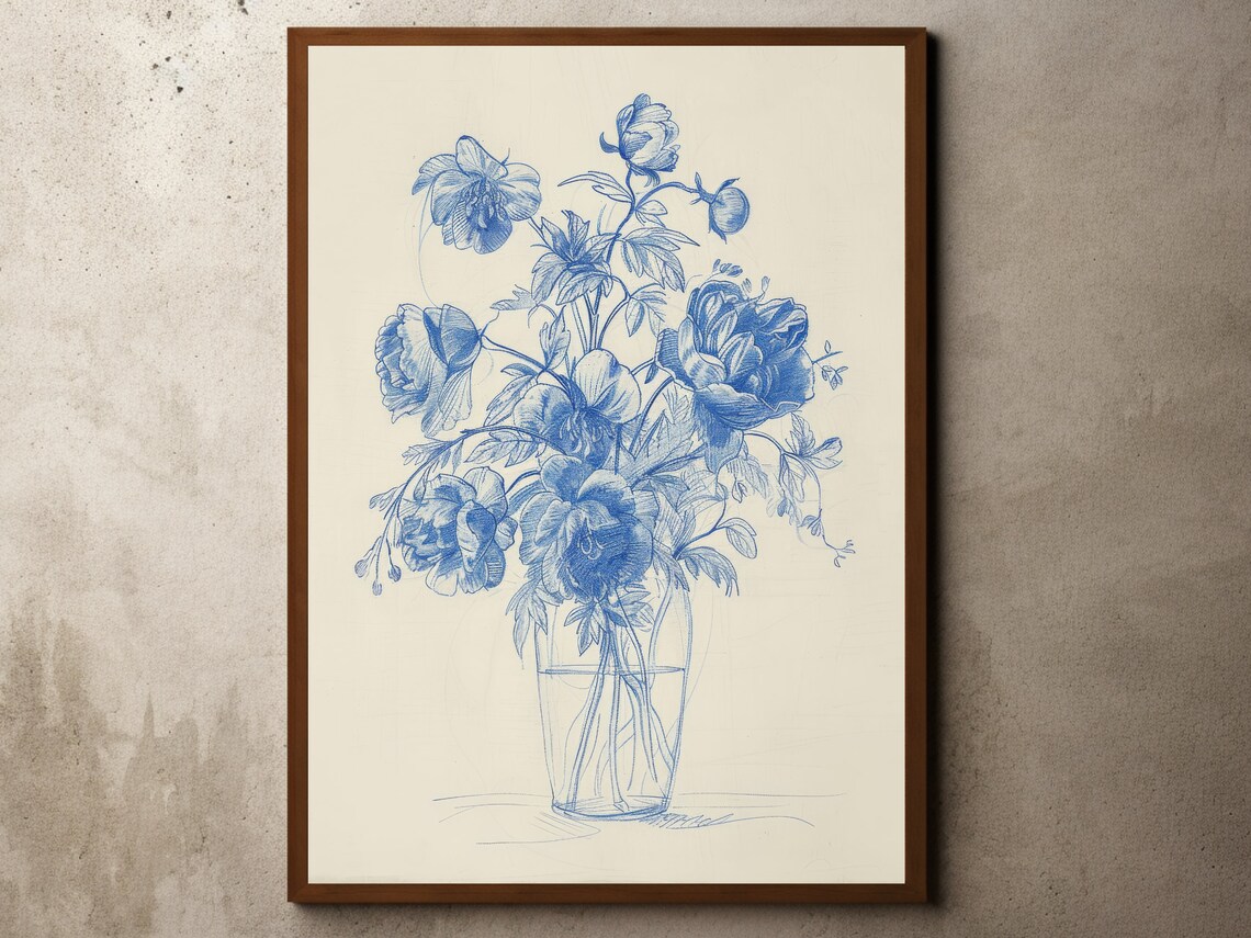 Blue Ink Rose Bouquet Sketch in Vase Vintage Floral Art Poster