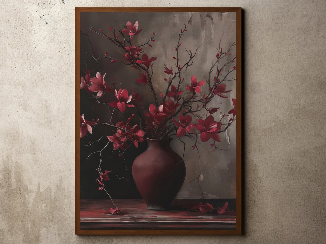 Dark Red Cherry Blossom Still Life Moody Vase Fine Art Poster