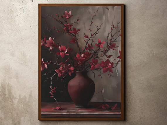 Dark Red Cherry Blossom Still Life Moody Vase Fine Art Poster