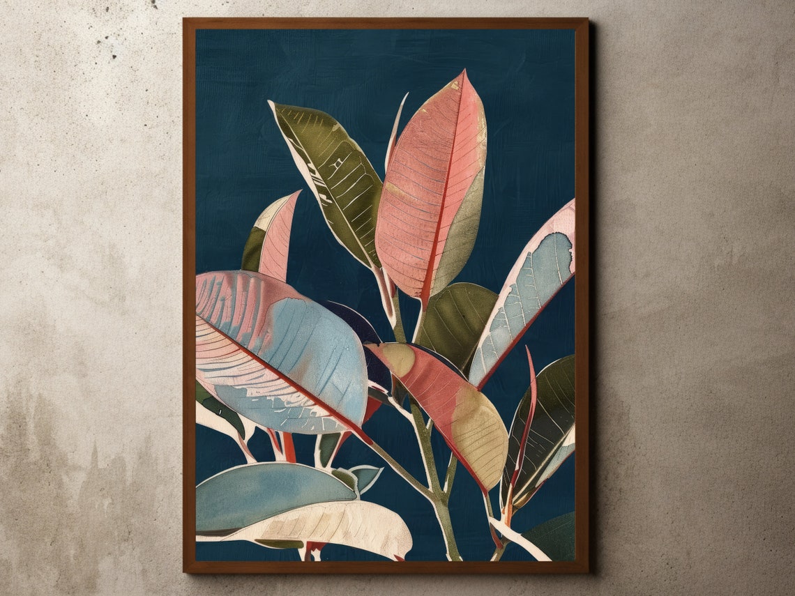 Colorful Rubber Plant Leaves On Navy Blue Botanical Art Poster