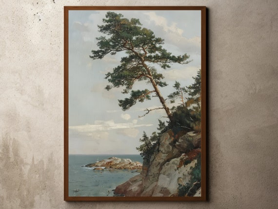 Antique Rustic Country Farmhouse Painting Vintage Decor Old Pine Cootagecore Print Landscape Oil Wall Art