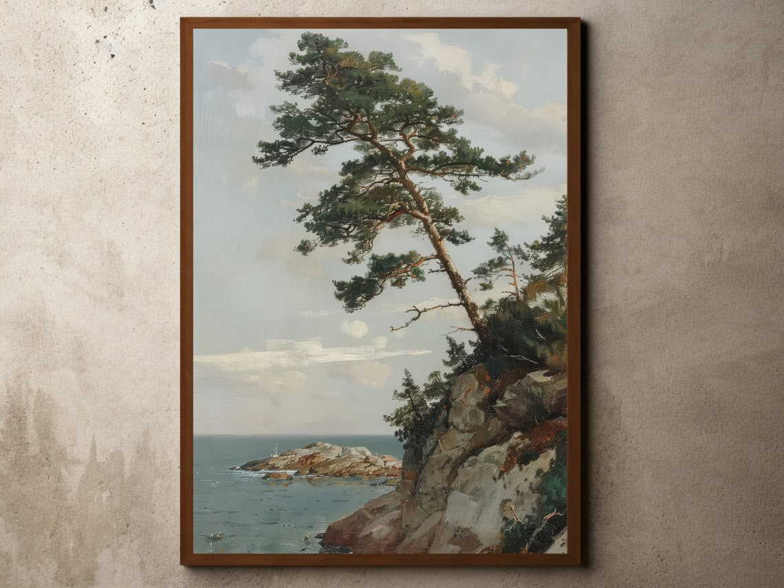 Rustic Pine Tree Above Rocky Coast Vintage Oil Painting Poster