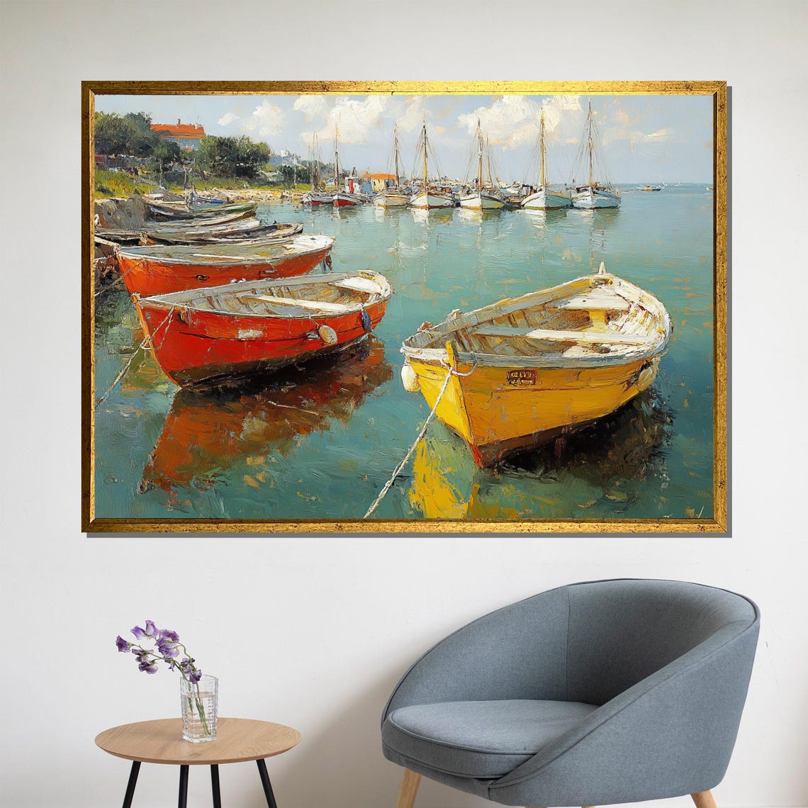 Colorful Rowboats in a Peaceful Marina, Coastal Painting
