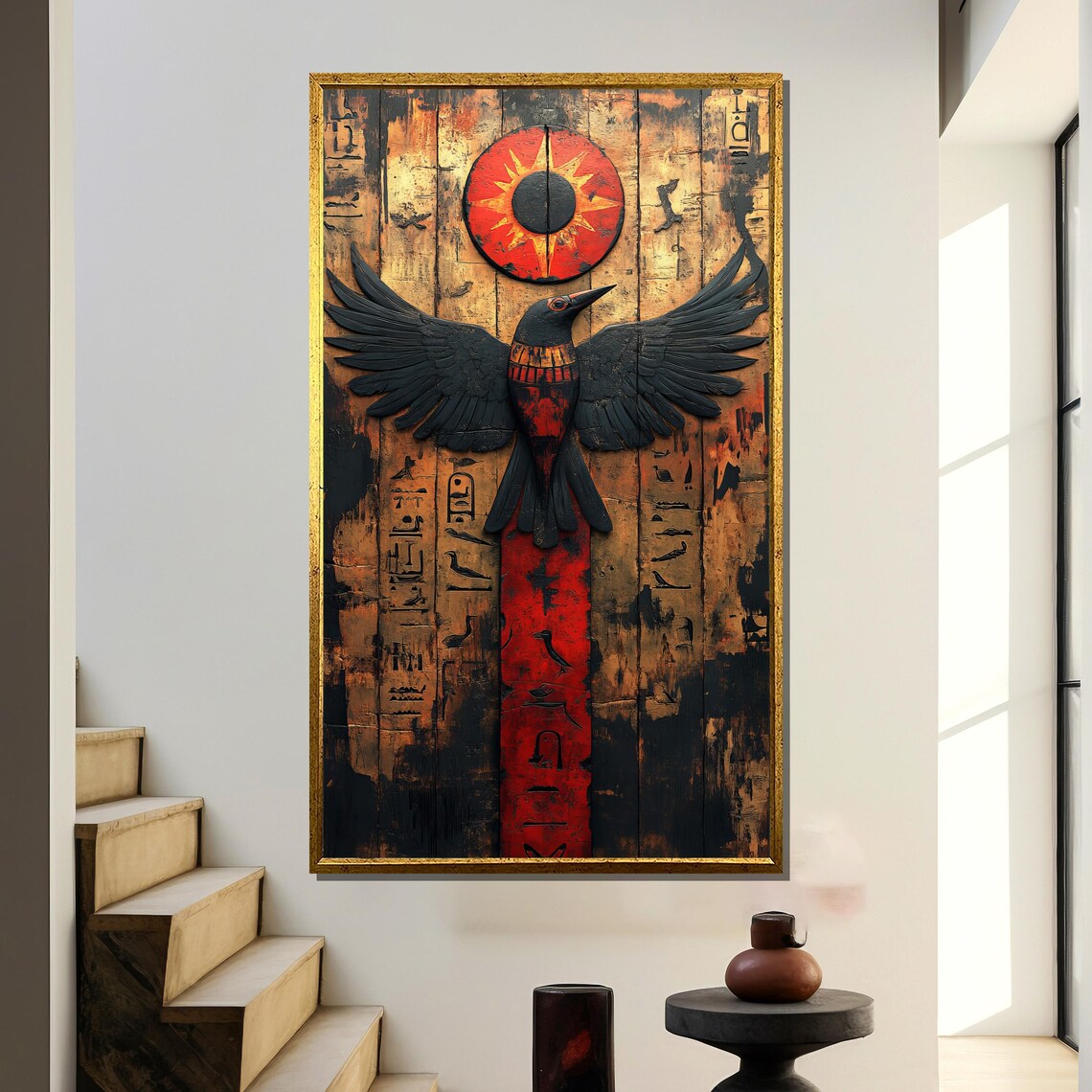 Egyptian Bird Art Print, Hieroglyph Sun Symbol