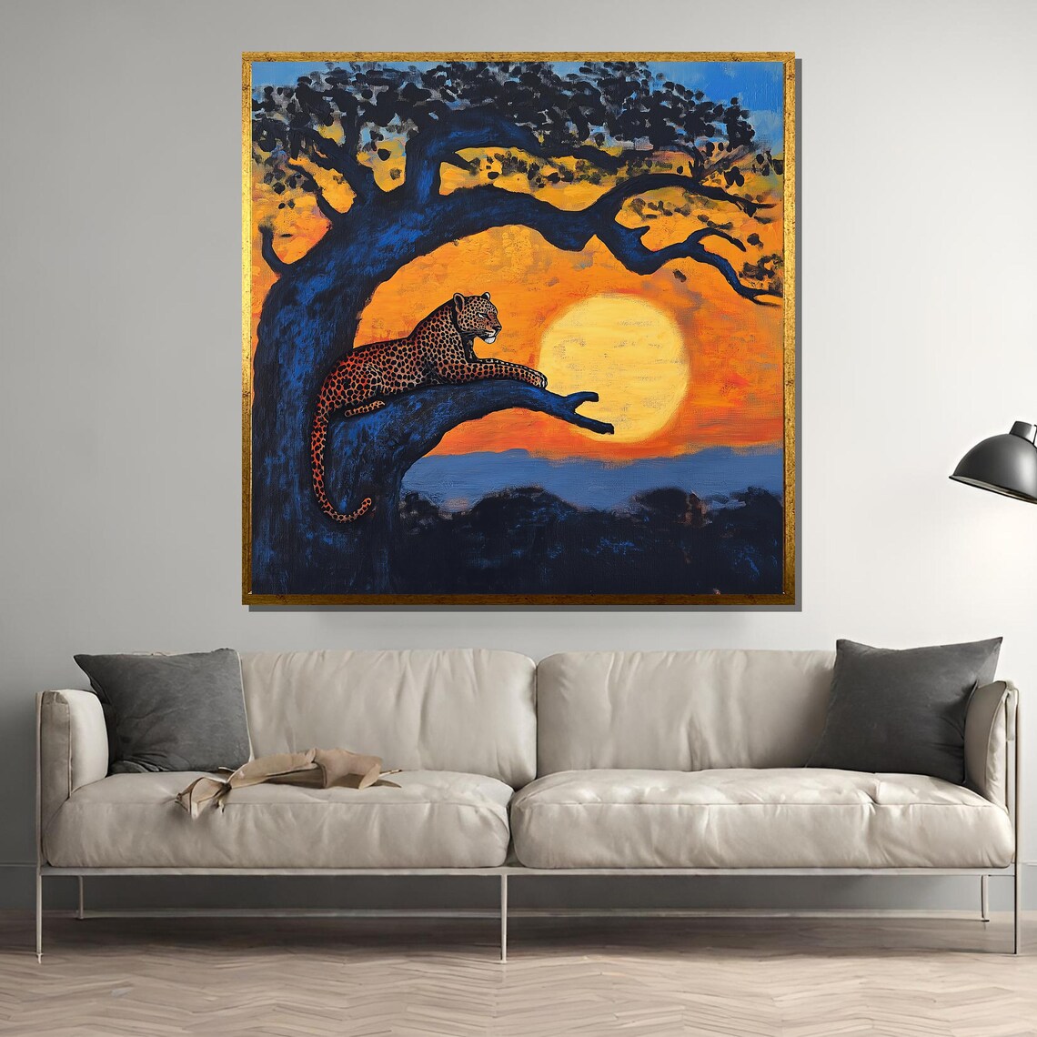 Leopard In Baobab Tree Painting, African Sunset