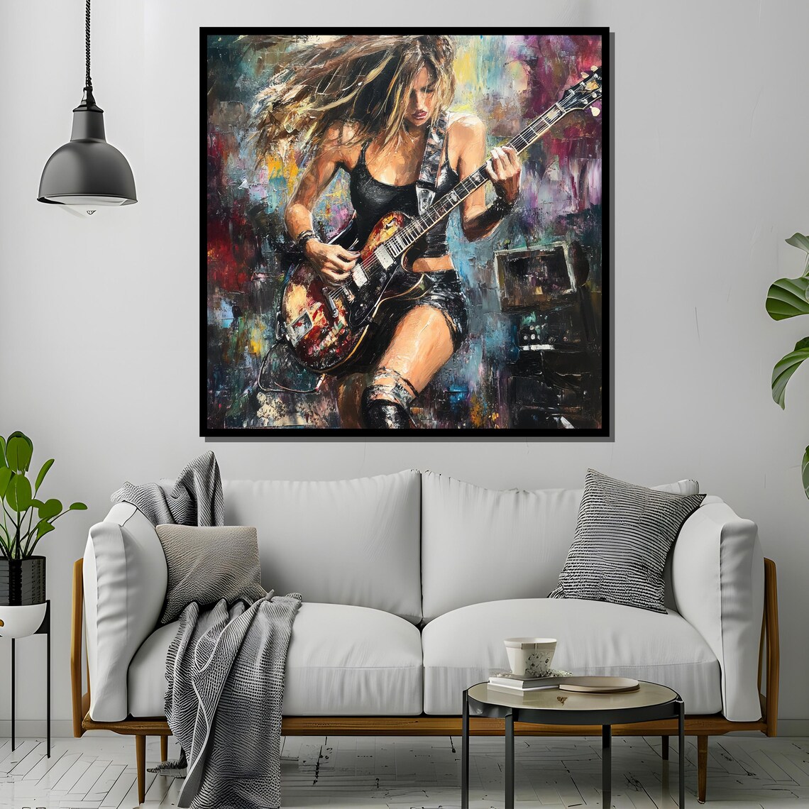 Female Rock Guitarist, Colorful Oil Painting - Image 2