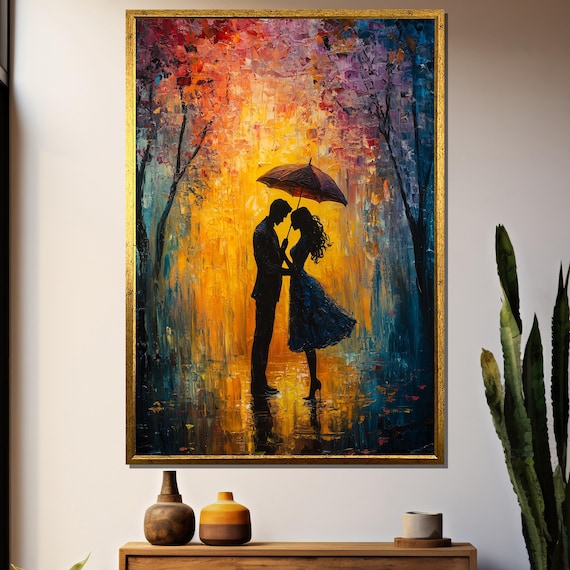 Romantic Couple Under Red Umbrella, Abstract Oil Painting